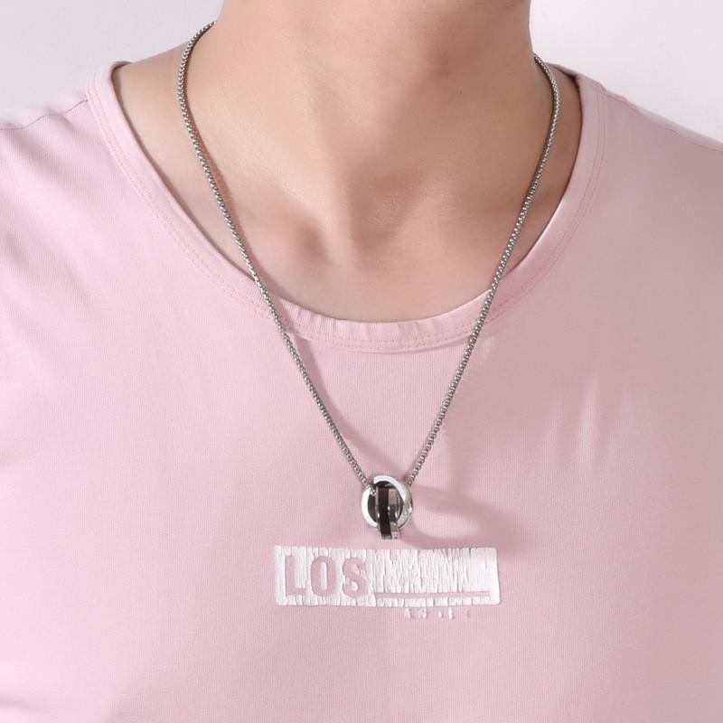 Stainless Steel Double Ring Pendant Necklace Men Hip Hop Style Long Chain With Crystal Charm Geometric Design
