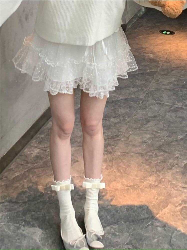 Sweet Vintage Princess High Waist Skirt Women Spring New White Floral Cake Clothing Female Fairy Cute Lace Pure Color Skirt 2024