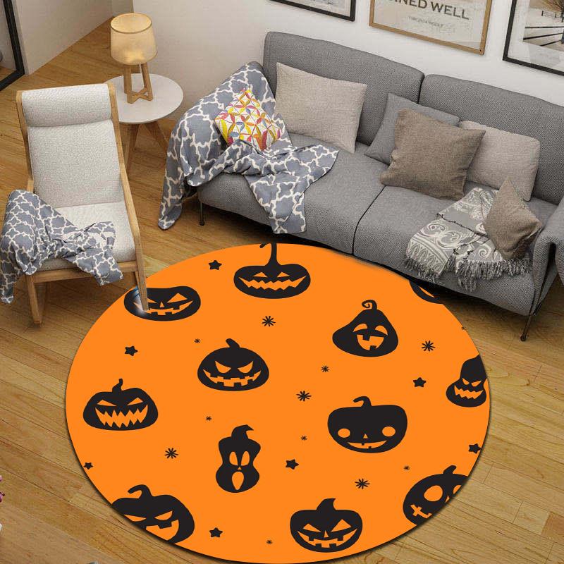 Round Area Carpet Halloween Jack O Lantern Pumpkin Black Silhouette Orange Party Room Decor