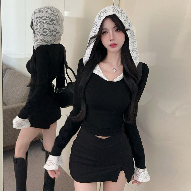 Trendy Lace Spliced Hooded Bell-Sleeve Slim Fit T-shirt Medium чёрный