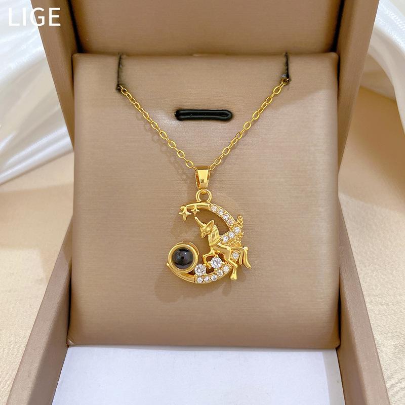 Titanium Steel, Pegasus Moon Projection Light Luxury Temperament Gorgeous Full Diamond Necklace Female Versatile Collarbone Chain Titanium Steel