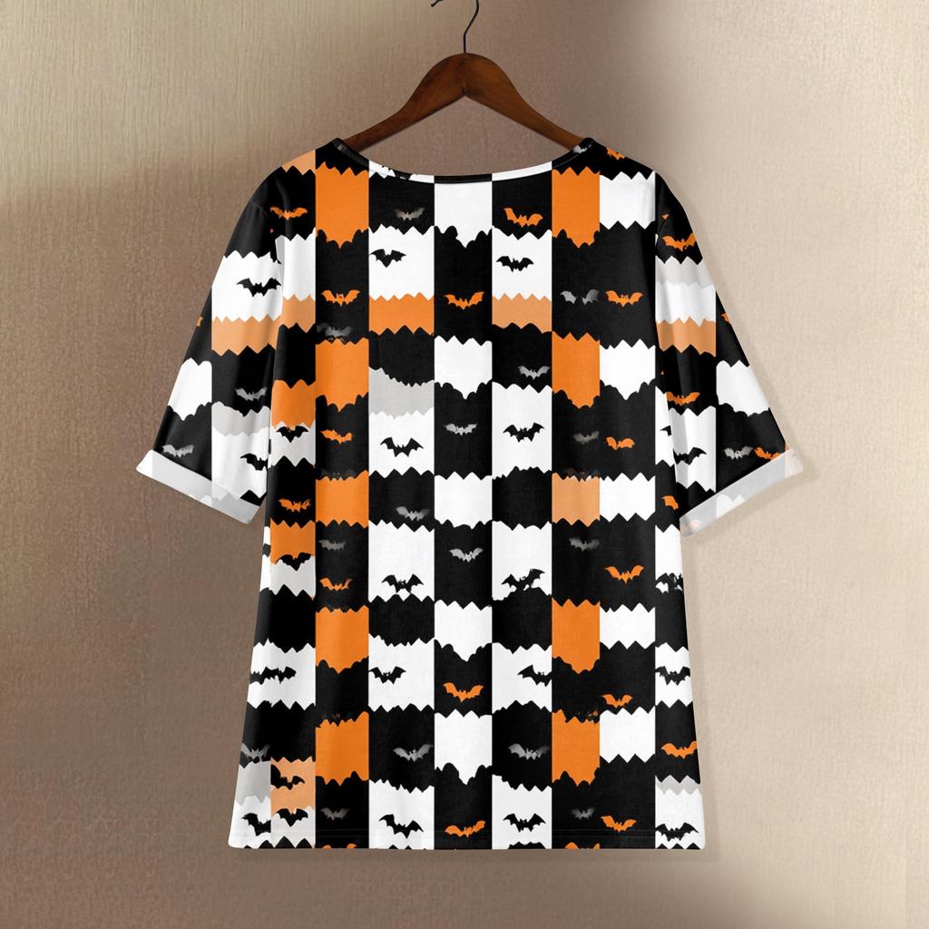 Top Casual da Donna a Manica Media Girocollo con Stampa di Halloween in Cotone e Lino