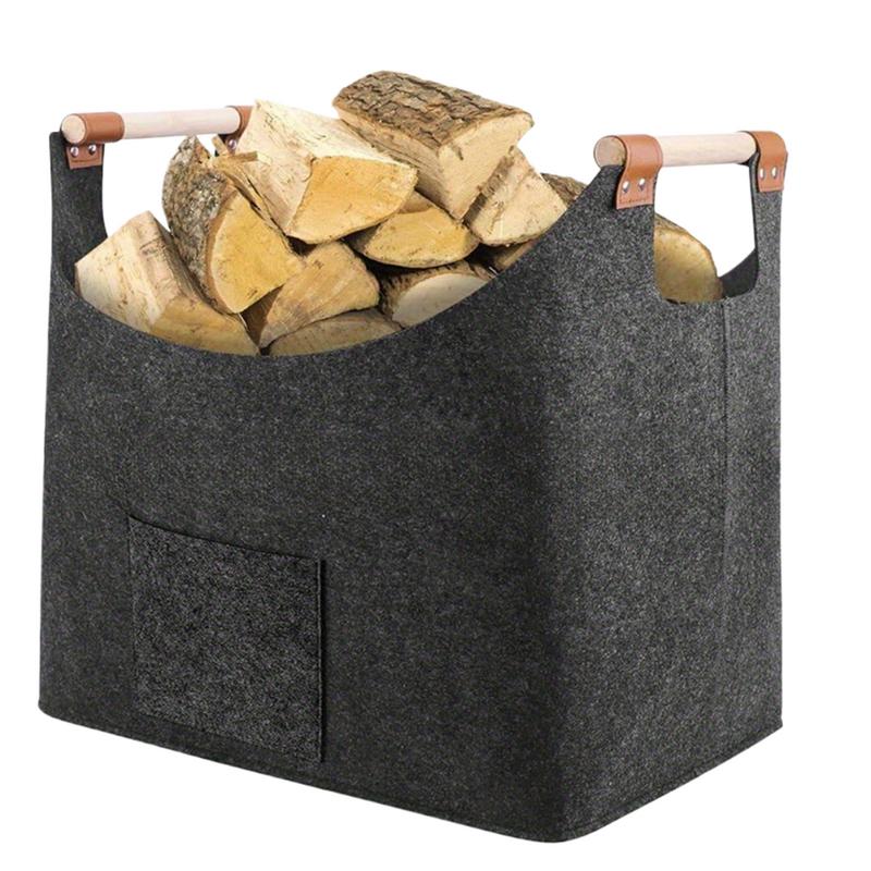 Felt Basket Firewood Box With Wooden Handles Foldable Wood Basket For Firewood Wood Newspapers Clothes Storage