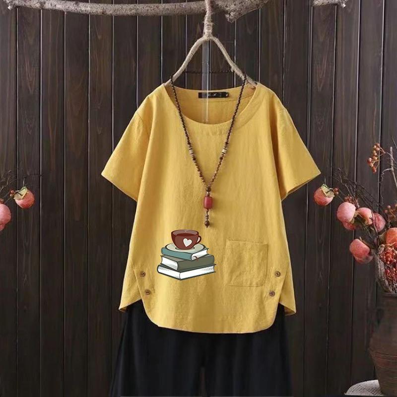 Summer Garden Party Linen Shirt, Women's Vintage Graphic Tee, Floral Print Crew Neck, S-4XL