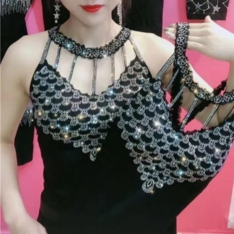 Rhinestones Inlaid Camisole Women Sexy Elastic Fashion Colorful Pattern Autumn Winter Warm High Quality All-Match Vest New