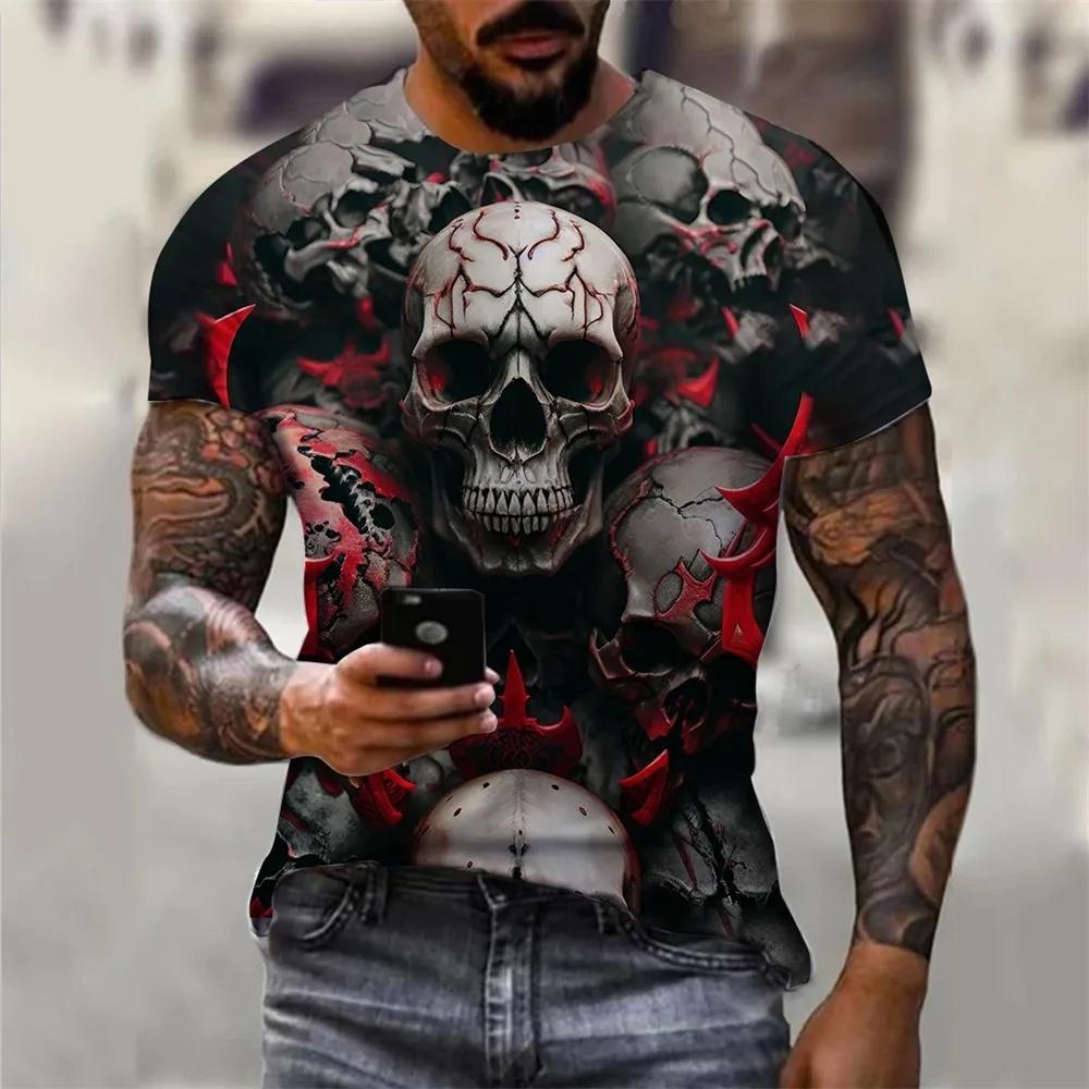 Men's Summer Skull Print T-Shirt Soft Breathable Round Neck Outdoor Street Style Casual Graphic Tee Comfort Top