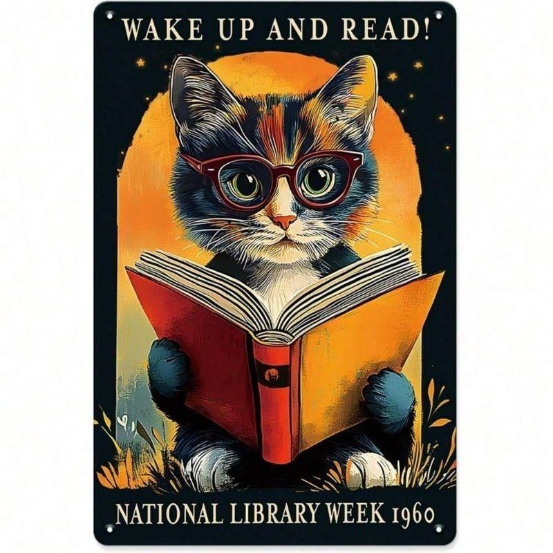 

Vintage Cat with Book Metal Poster Wall Art Library Decor