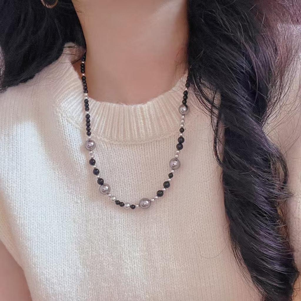 Collana Vintage Doppia Notte Nera Agata Nera Naturale Cristallo Artificiale Perla Catena Clavicola