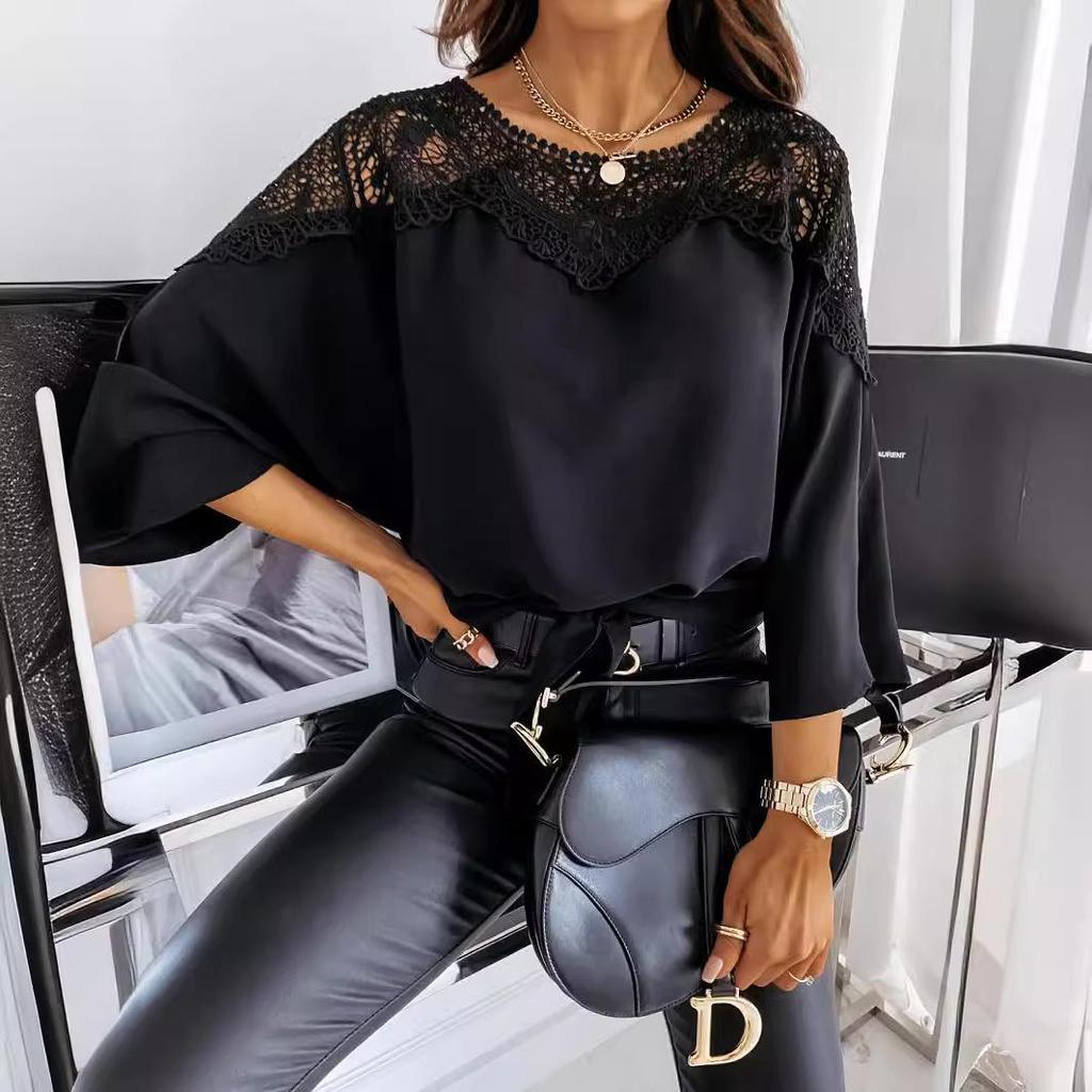 Spring & Autumn Long-Sleeved Lace Solid Color Commuter Top 