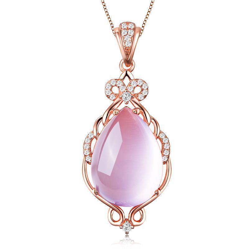 Silver-Plated Fairy Necklace: Pink Crystal & Hibiscus Stone Pendant On Rose Gold Clavicle Chain, Perfect Gift for Women