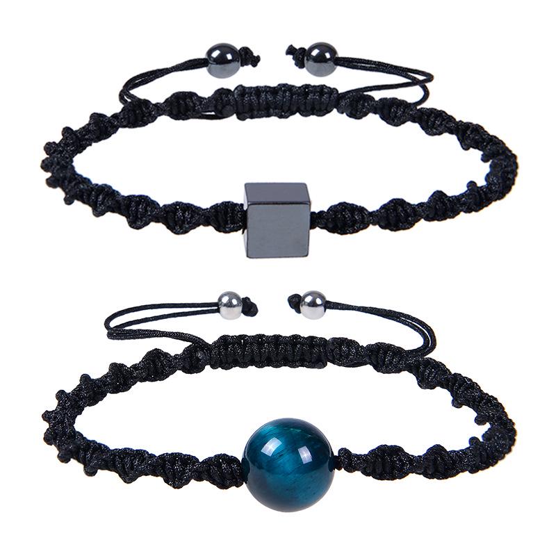 

12MM Blue Tiger Eye & Black Magnetite Woven Bracelet - Handmade Jewelry for Couples
