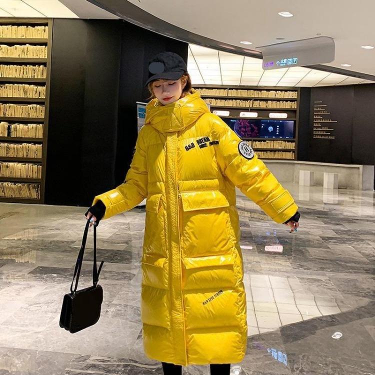 Autumn Winter Women Glossy Cotton Jacket Knee Length Thickened Medium Coat Fashionable Warm S жёлтый