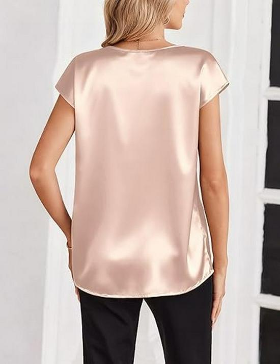 Women's Solid Color Satin V-Neck T-Shirt - Spring/Summer Casual Business Top
