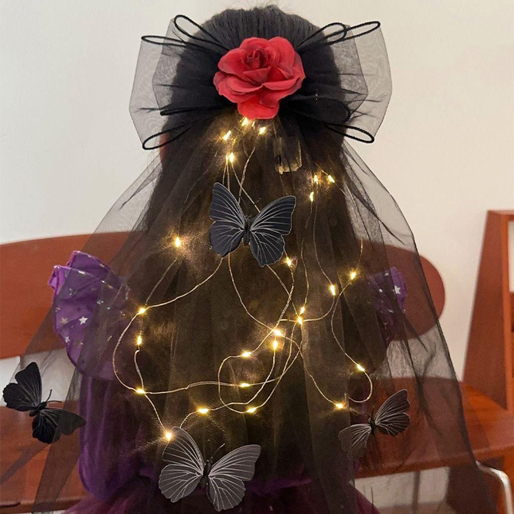 Gothic Style Luminous Head Crown Lace Veil Rose Hair Hoop Halloween Veil Headband  Holiday Decor