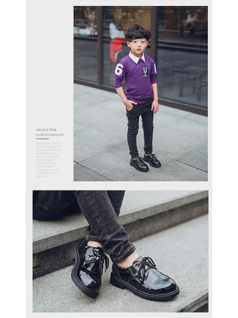 Boys' Black Leather School Shoes - Soft Sole, Floral Design, Korean Style