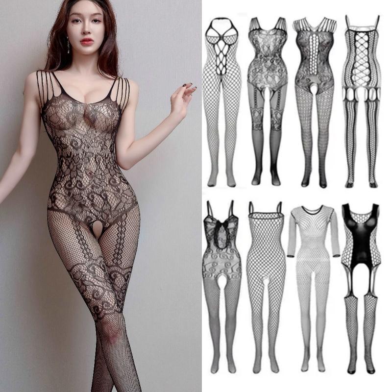 Women Sexy Lingerie See-through Mesh One-piece Open Body Stockings Women's Lace Fishnet Bodysuit Uniforms Stockings Underwear