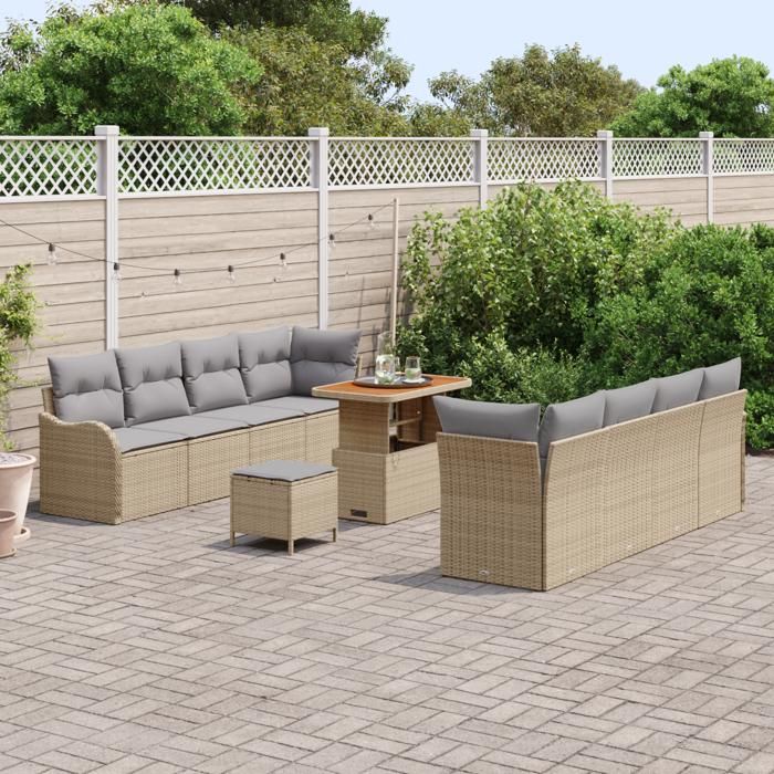 Ensemble de canapés de jardin 11 pièces avec coussins en rotin synthétique beige acacia 3364192
