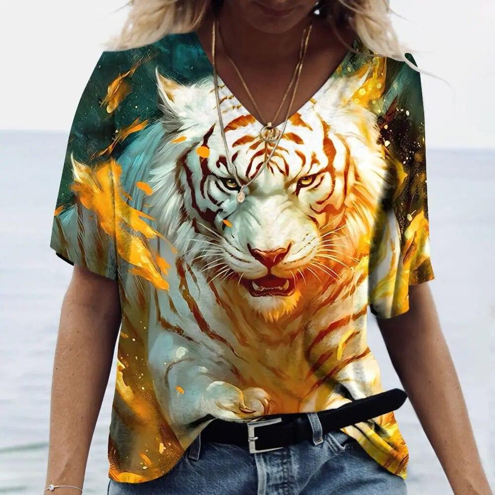 Summer V-neck 3D Animal Pattern Printed Top Fashionable Casual Short Sleeved Women's T-shirts