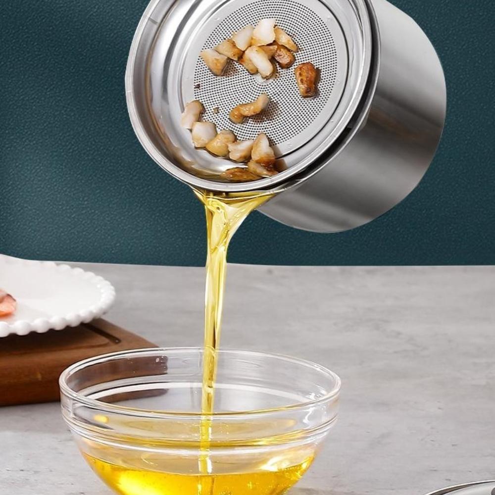 Stainless Steel Oil Filter Pot Household Cooking Oil Storage Can with Strainer Cover Easy-Grip Handle Oil Container Kitchen Tool