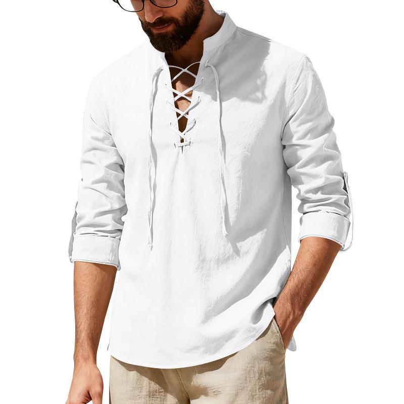 Erkek Keten Henley Gömlek Uzun Kollu Günlük Plaj Gömleği Bağcıklı Dik Yaka