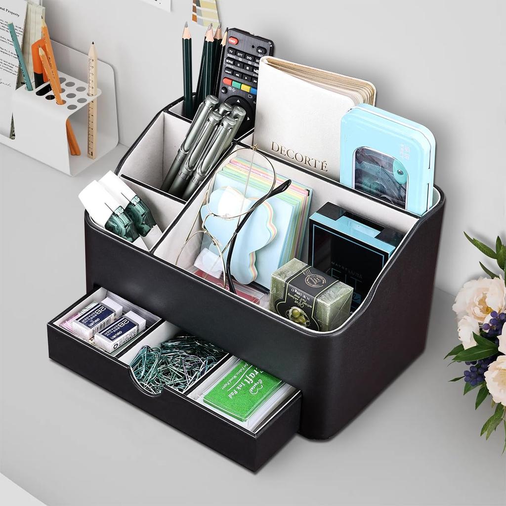KINGFOM Desk Organizer with Drawer, Multifunctional Pen Holder for Desk, Desk Organizer and Accessories for Home Office, 5 Compartments (Black)