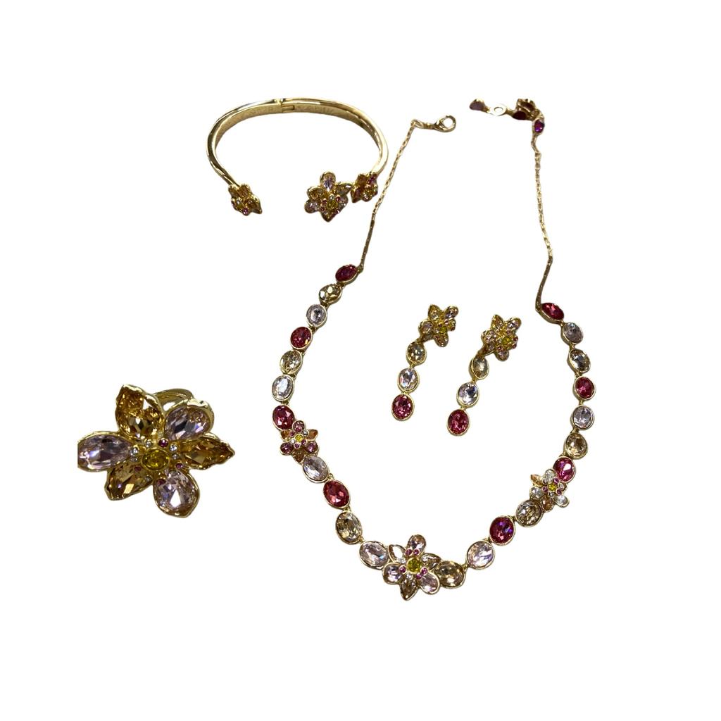 Niche High-End Zircon-Encrusted Flower Collarbone Chain Versatile Fashion Copper-Plated Real Gold Jewelry Necklace Earrings Set