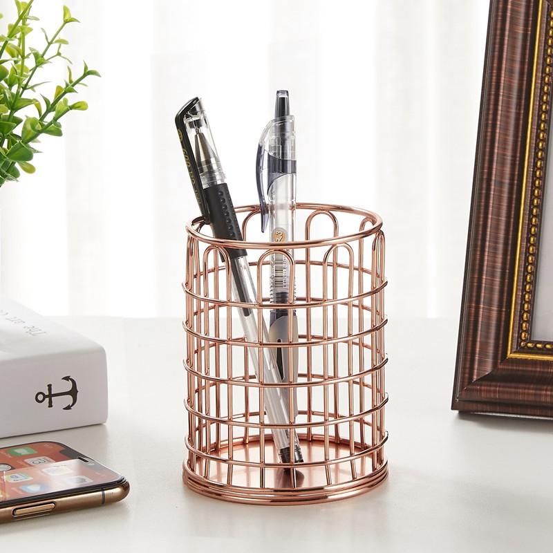 Metal Desk Organizer Pen Holder Storage Basket Office School Makeup Brushes Nordic Style Iron Wire Mesh Container