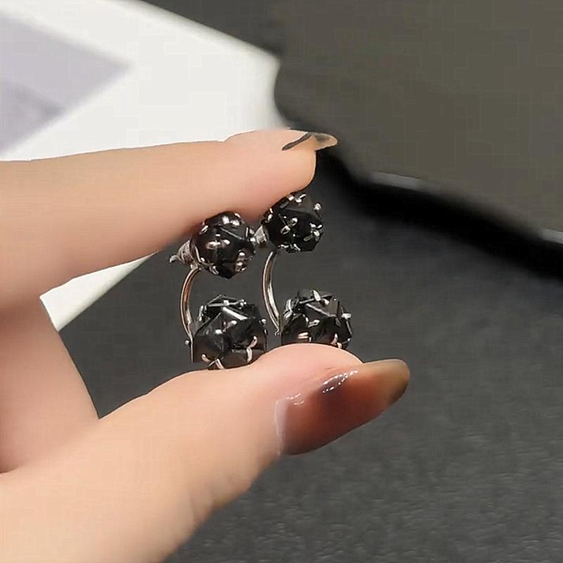 Black Zircon Two Wearing S925 Silver Needle Stud Earrings Niche Light Luxury Earrings Tide Earrings
