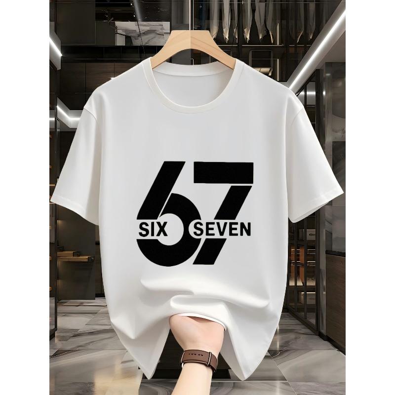 Men's Short Sleeve T-Shirt with Number 67 Print - Round Neck Summer Casual Attire Top, Machine Washable Casual Outfits for Men's Basic Wardrobe Staple