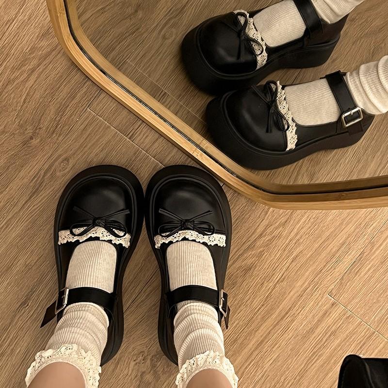 French Round Head Platform Small Leather Shoes Women's 2025 New Spring Versatile Bow Shallow Mouth Mary Jane Single Shoes
