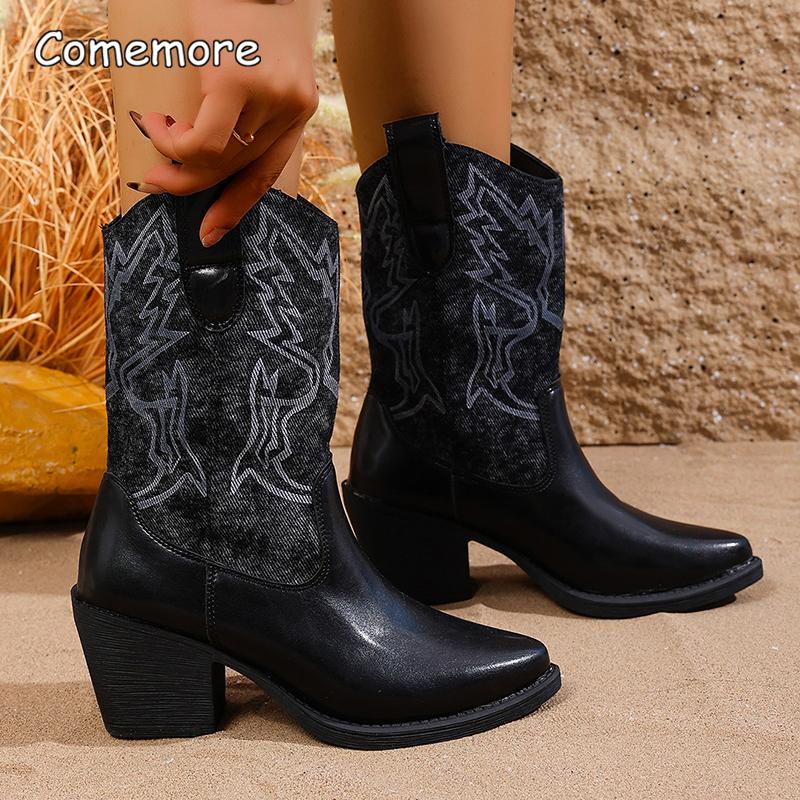 Retro Embroidered Women's Cowboy Boots Chunky High Heels Pointed Toe Autumn Boots Woman Brown PU Leather Western Botas De Mujer