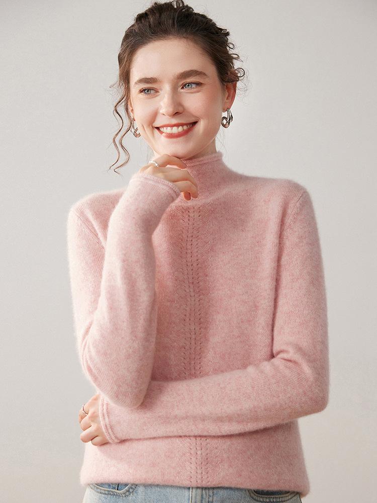 Women's Cashmere Rolled Hem High-Collar Hollow Sweater - Loose Knit Base Layer for Autumn/Winter