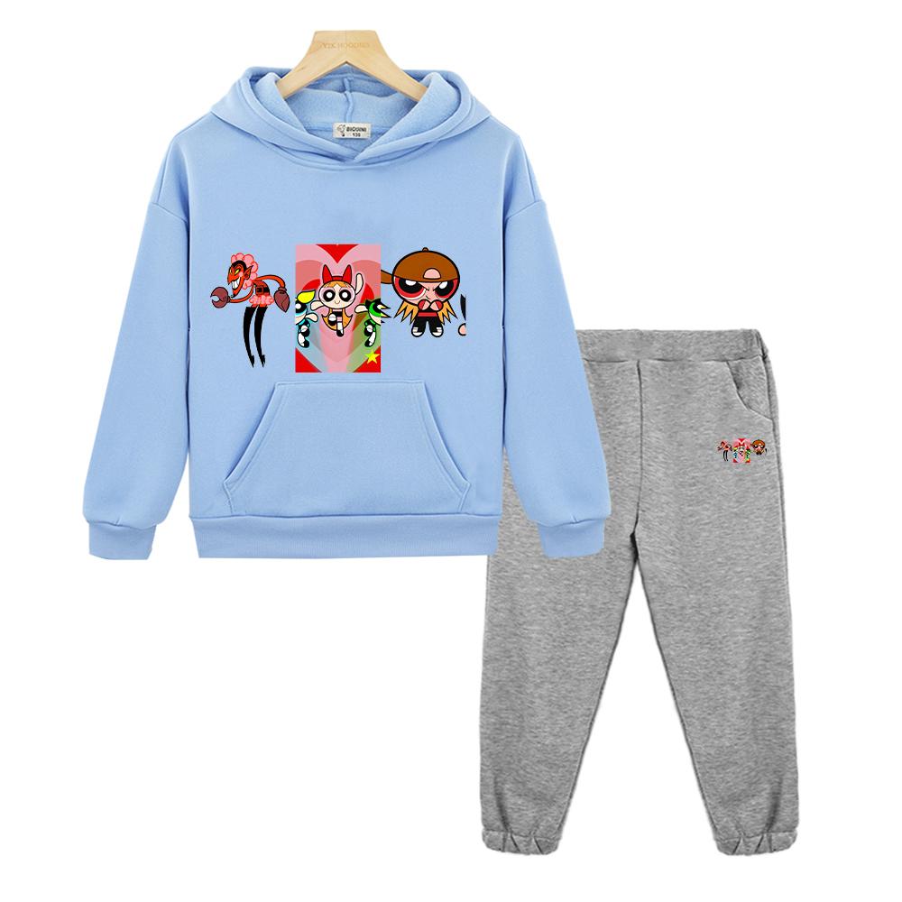 children clothes powerpuff girls anime hoodie Fleece sweatshirt 2pcs pullover+pants Sport Hooded Sets girl outfit boy clothing