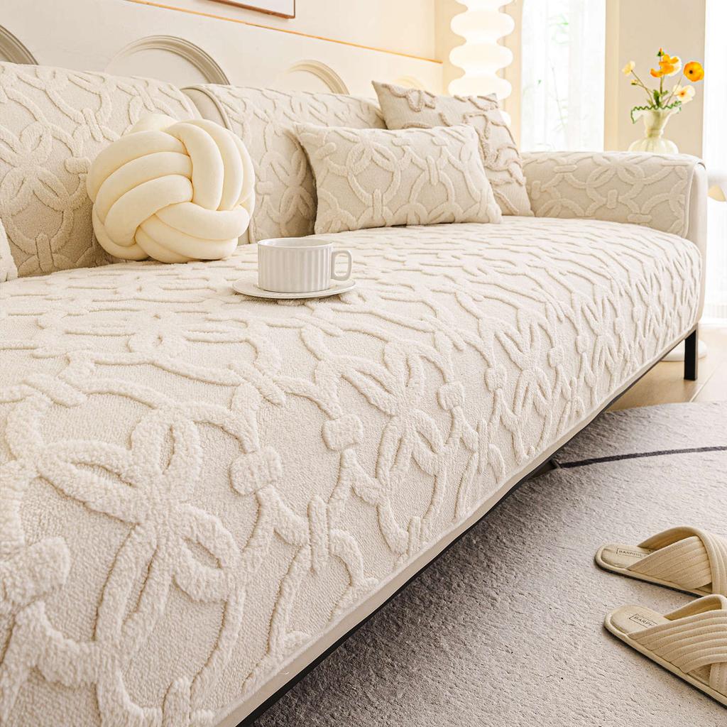 New Fixed Anti Slip Sofa Cover Fabric One-Piece Straight Row Seat Cushion Cream Wind Thickened Autumn And Winter Version