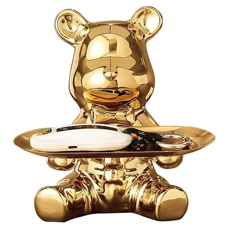 Ceramic Bear Tabletop Wooden Tree Tray Key Jewelry Hanger Candy Storage Display Ornament Exquisite Desk Resin for Living Room