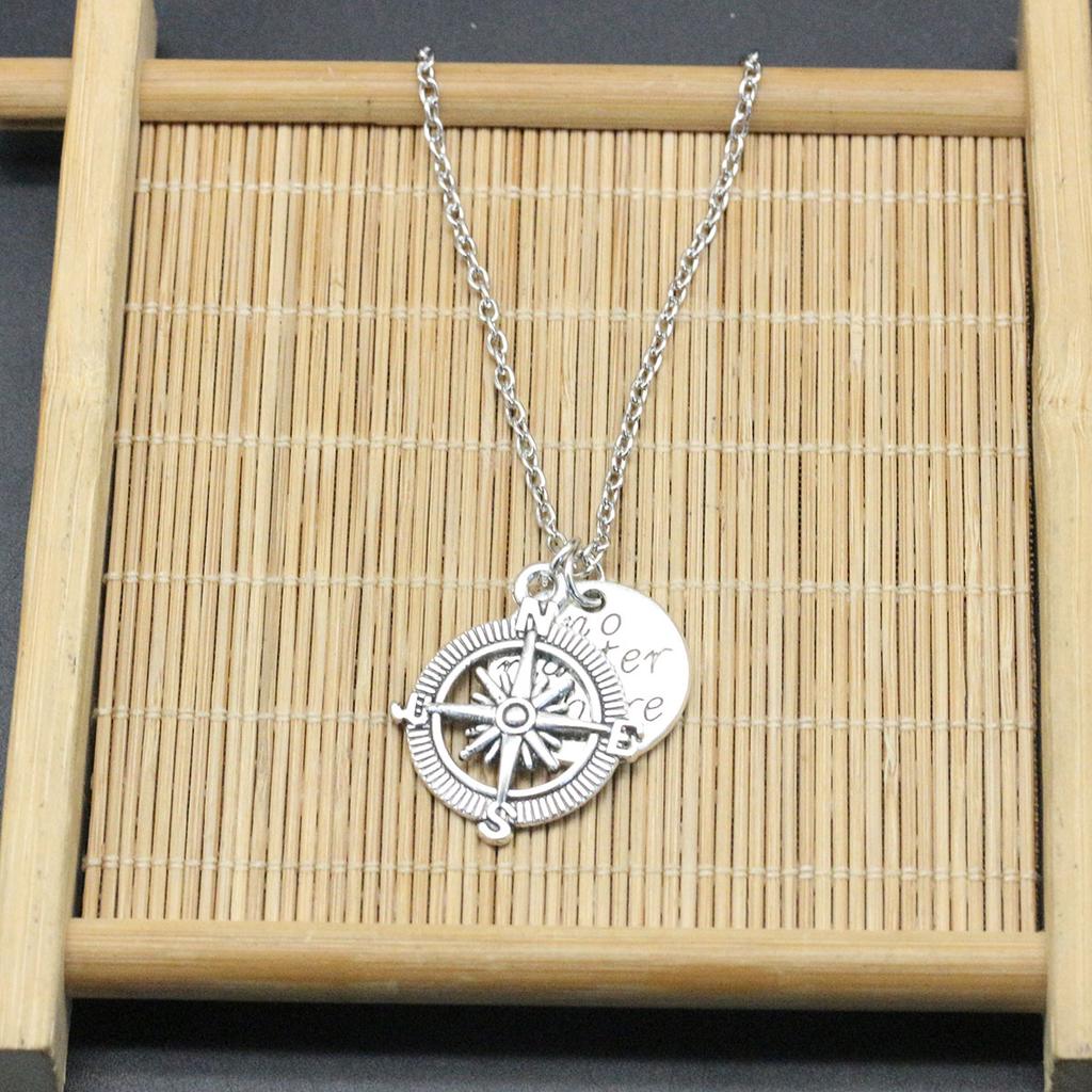 Vintage Style Compass Necklace With Inspirational No Matter Where Pendant Minimalist Silvery Chain Jewelry Accessory For Travel And Daily Wear