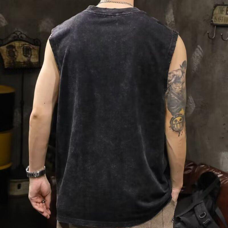 2025 Men'S Summer New Trendy Casual Sleeveless Tank Top For Male Students, Loose And Versatile, Sweat Absorbing, Water Washed, Vintage T-Shirt Tank