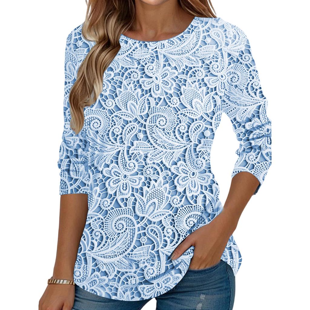 Women's  Fashionable Round Neck Long Sleeved Lace Patterned Printed Pullover T-shirt Top