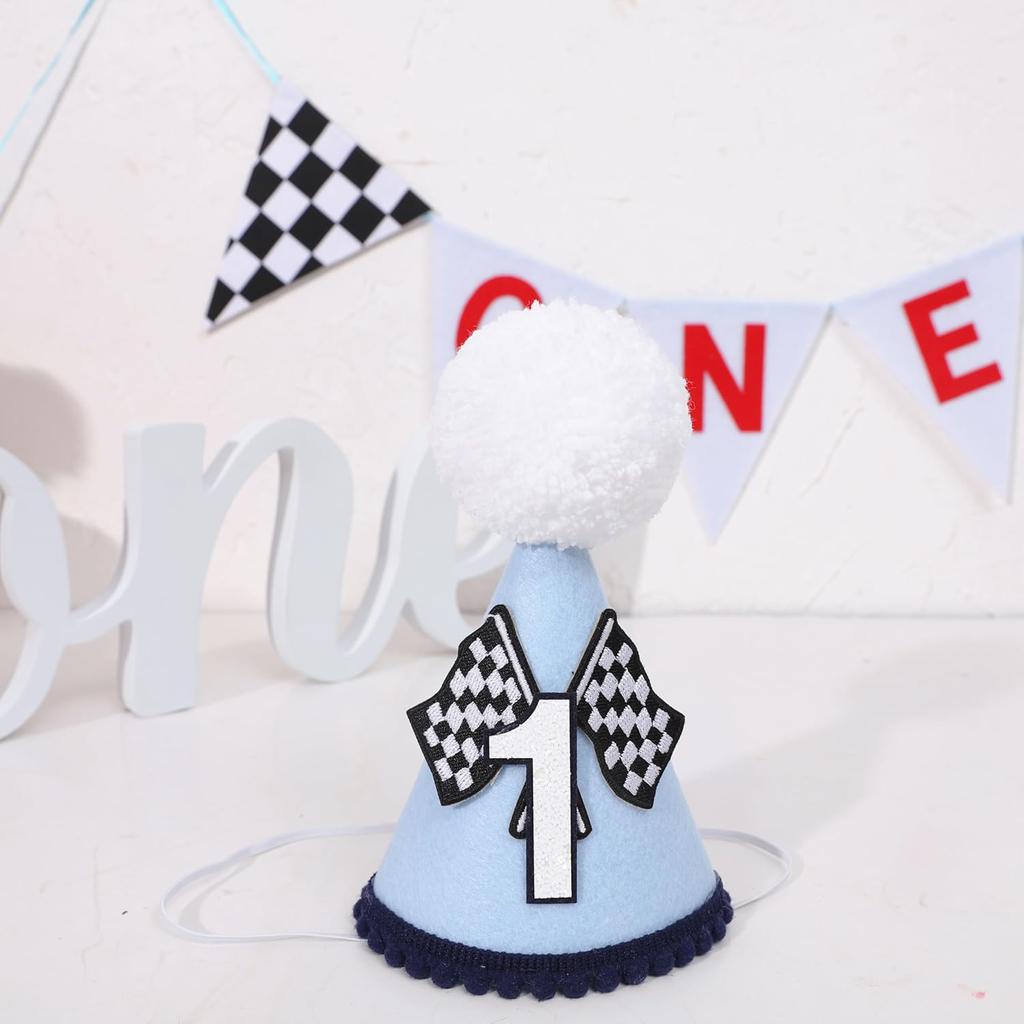 Fast One 1st Birthday Hat for Boys - Blue Race Car Themed Crown and Decorations for First Birthday Celebration