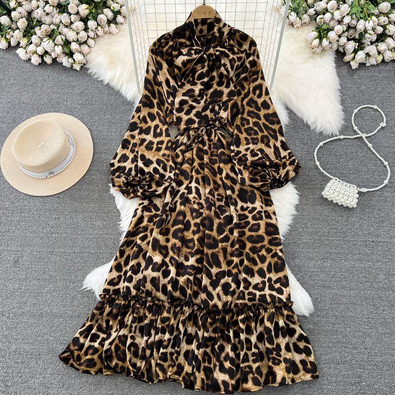 

Retro Long Sleeves Dress Elegance Bows Shoelace Leopard print One size