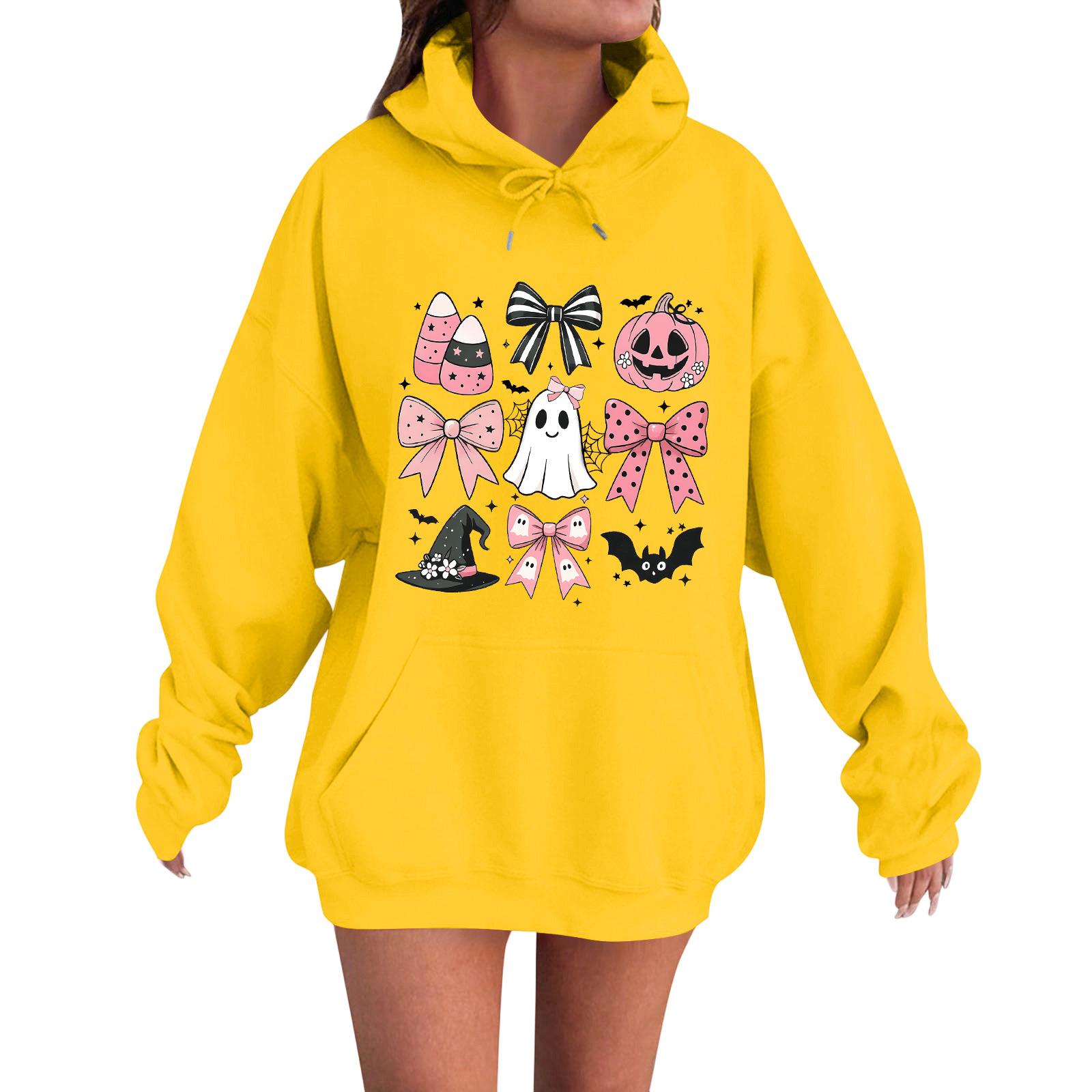 

Женская повседневная модная удобная толстовка с круглым вырезом, капюшоном и длинными рукавами с принтом на Хэллоуин, теплая XL жёлтый