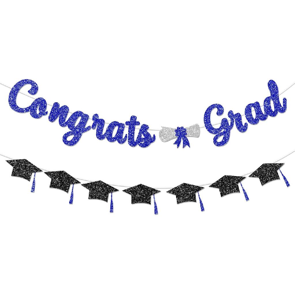 Congrats Grad Congratulations Decorations Banner Pre-Strung Glitter Blue Graduation Class of 2026 with Tassel Decor College High School Party Favors