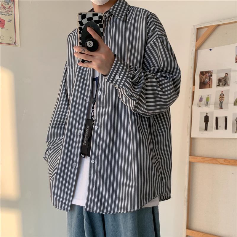 Pánská trendy košile s dlouhým rukávem s pruhy Harajuku – Korejský a hongkongský styl pro jaro a podzim