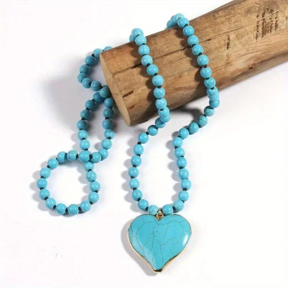 Heart Shape Pendant Turquoise Beaded Necklace 8 mm Beads Boho Necklace Women Gift