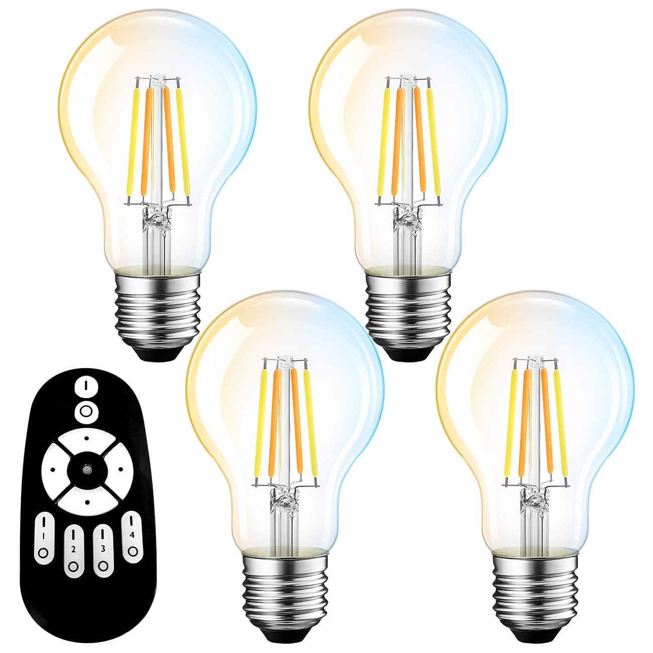 

ANWIO LED Bulbs, Set of 4, 806LM, 6W (60W equivalent) Filament Bulbs, E26 Base, Remote Control, Stepless DimmingColor Adjustment, LED Night Light,