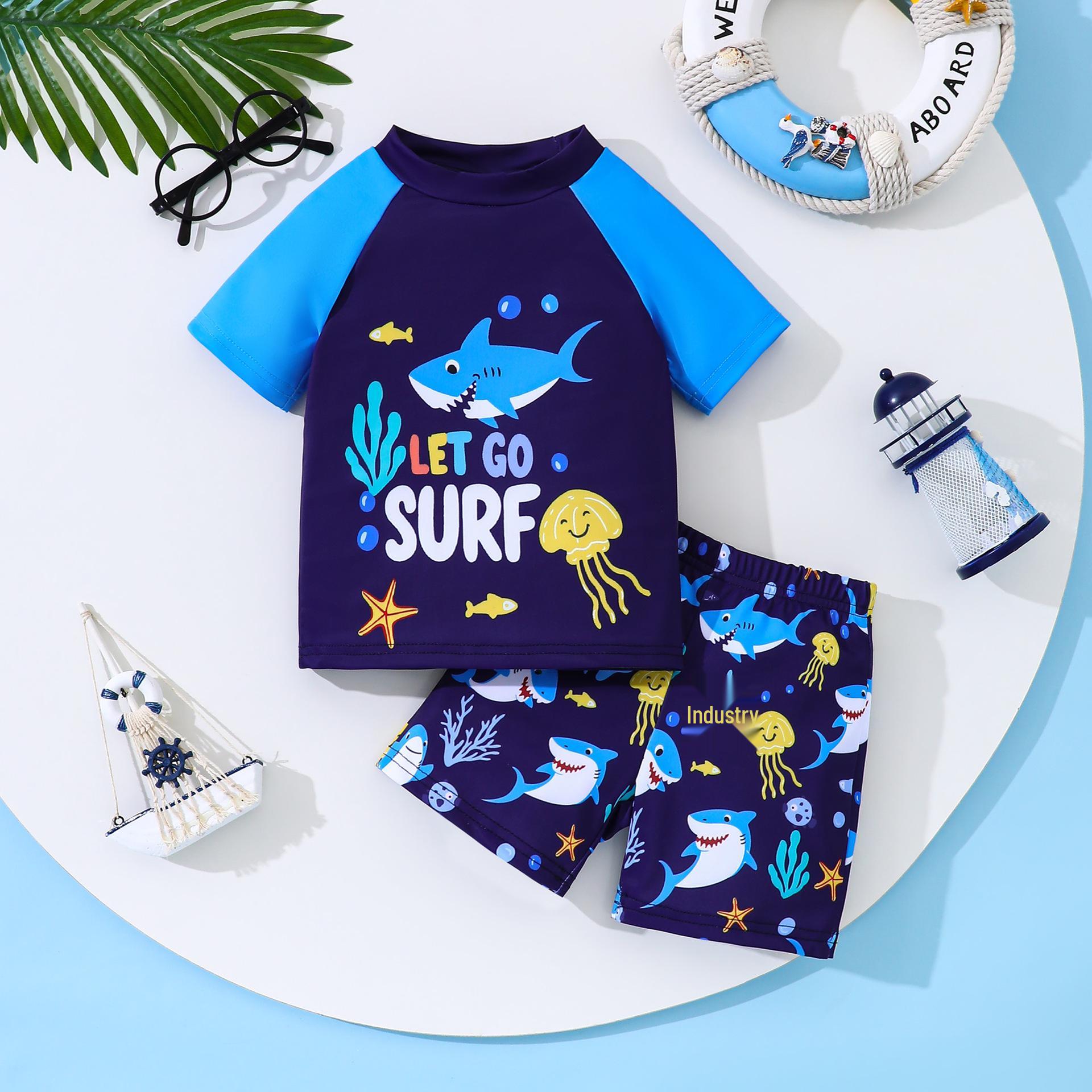 Boys  Shark-Themed Swimsuit Set: Raglan Sleeve Top & All-Over Shark Print Swim Shorts 90 темно-синий