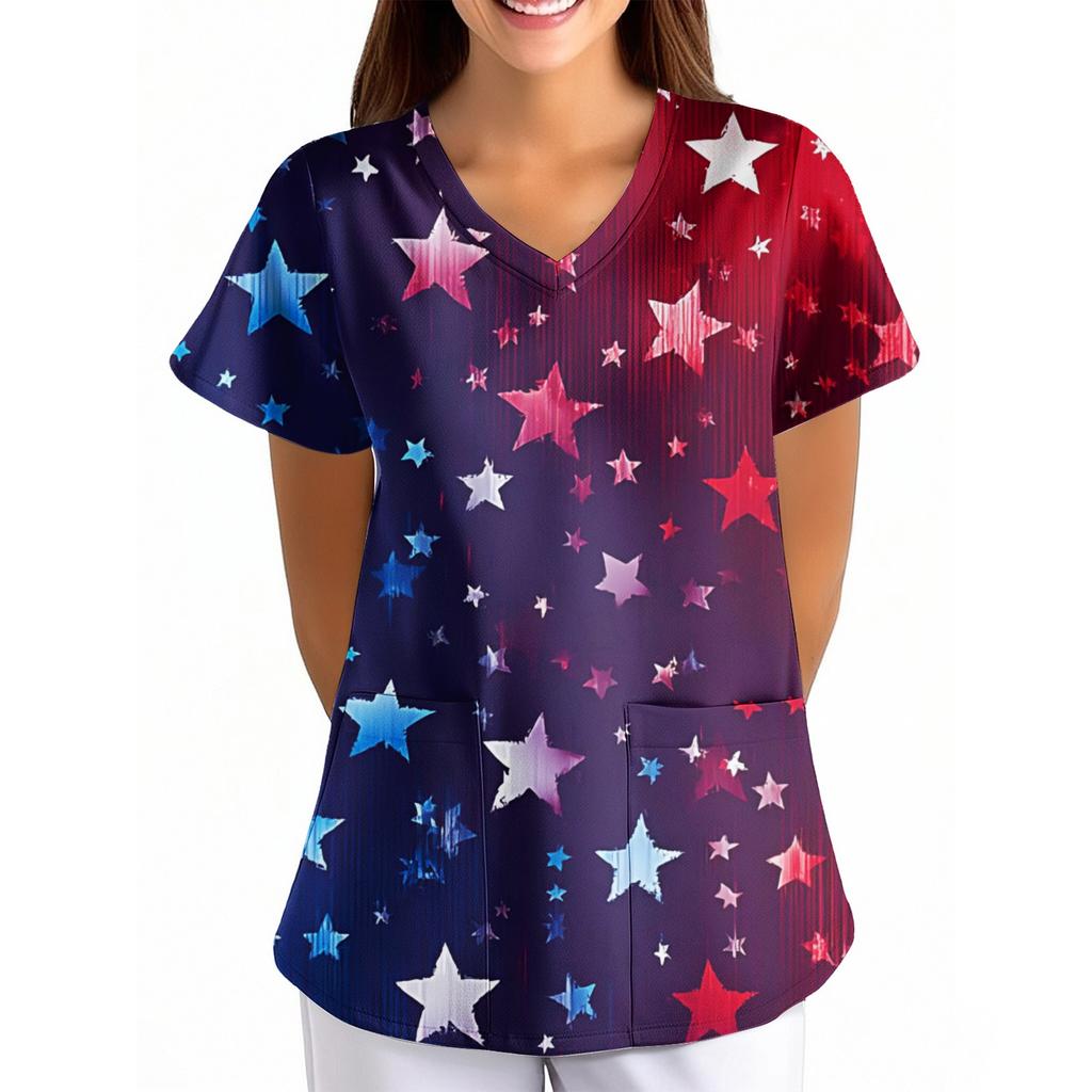 Women's Independence Day Printed Loose V-Neck Pocket Short-Sleeve Caregiver/Uniform