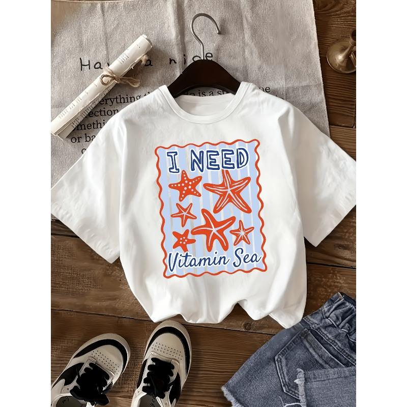European sizes Trendy Short-Sleeve Round-Neck T-Shirt for Girls Featuring a Summer Print That Says 'I Need Marine Vitamins'