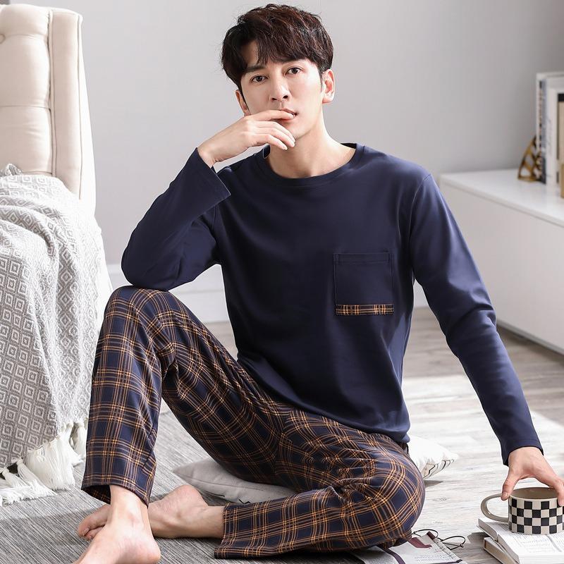 Cotton Men's Pajamas Long Sleeve Top and Plaid Pants Spring and Fall Loose Home Decor Simple Casual Comfortable Cartoon Pajamas