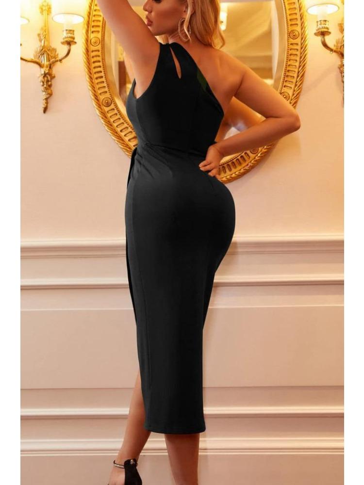 Women Sexy Oblique Shoulder Hollow Backless Sleeveless High Waist Slit Slim Comfortable Lightweight Recognition Elegant with Flattering Chic Dress